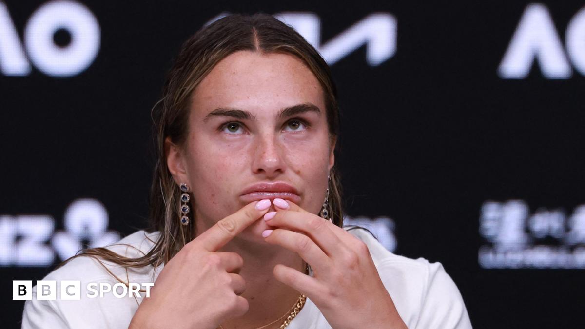 Aryna Sabalenka reacts during her post-Australian Open final news conference