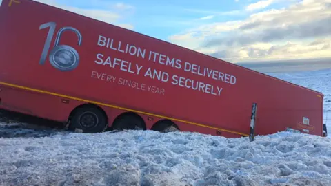 Bear Scotland A red lorry with the writing '16 billion items delivered safely and securely every year' on the side in a ditch surrounded by snow.