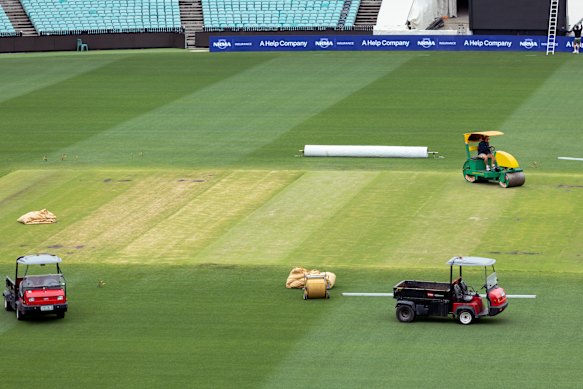 SCG ground staff prepare the wicket for the fifth Ashes Test.