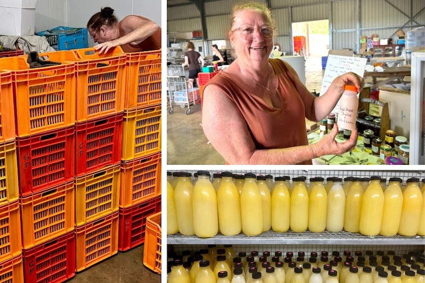A composite of three photos showing lychee and citrus juices and crates of seconds in a fridge.