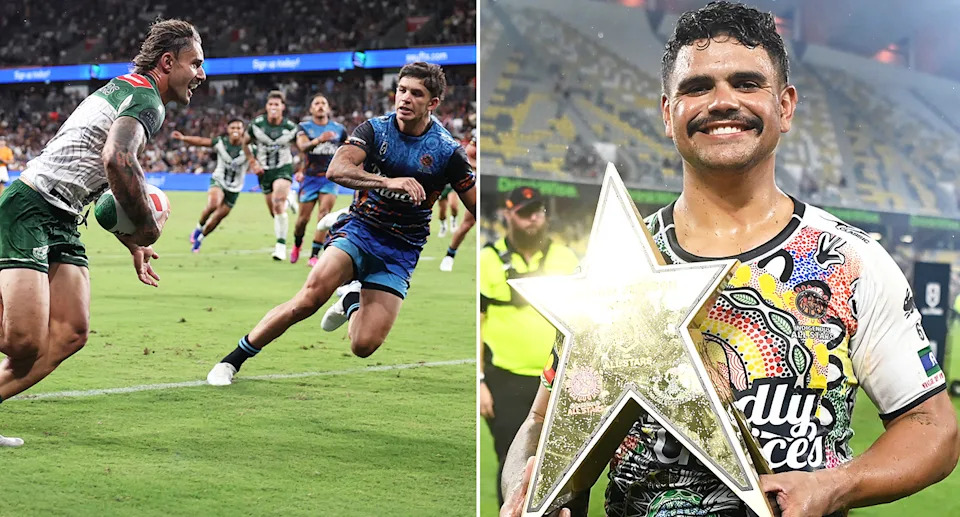 Jesse Arthars and Latrell Mitchell in the NRL All-Stars game.
