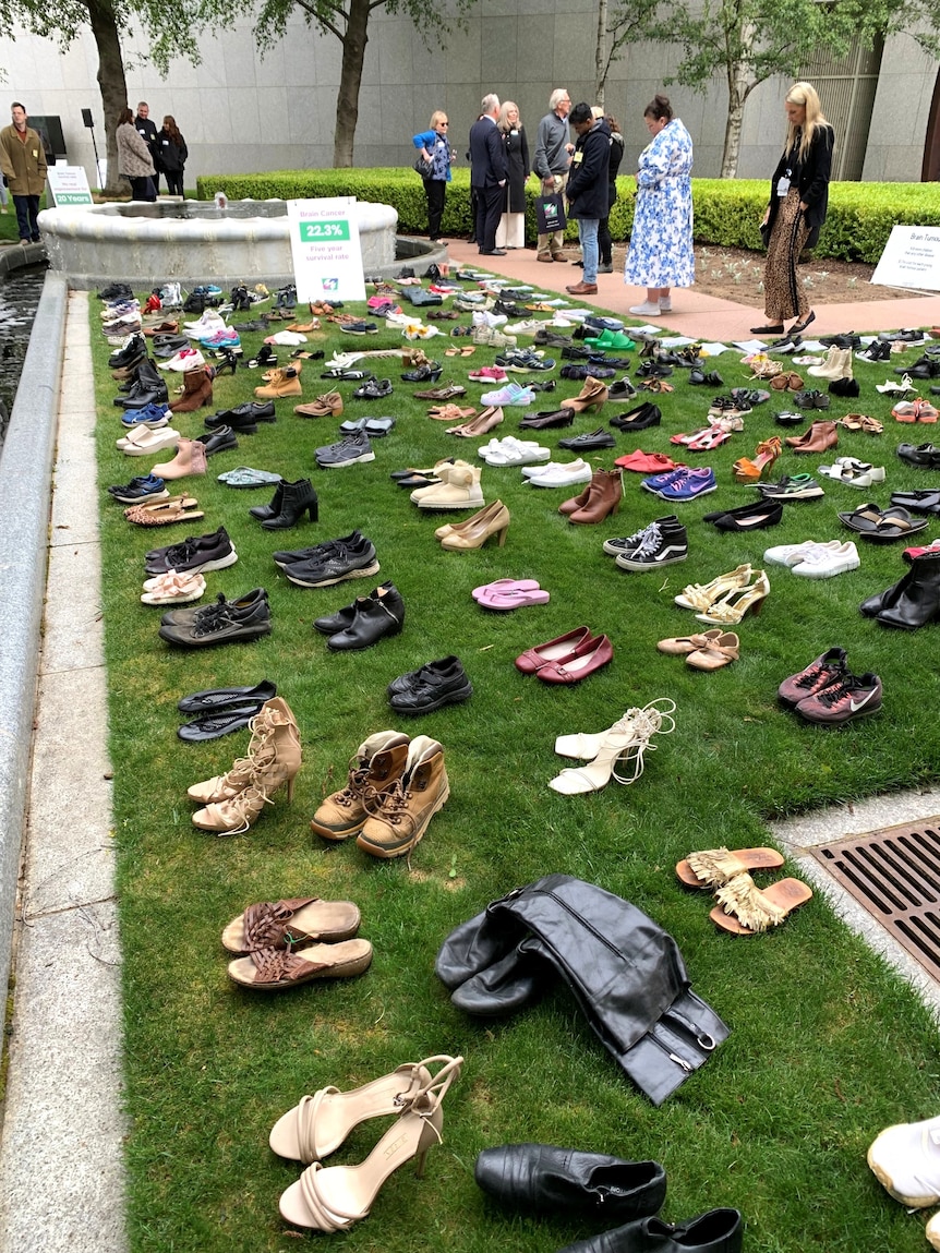 A display of shoes in a grassy courtyard.