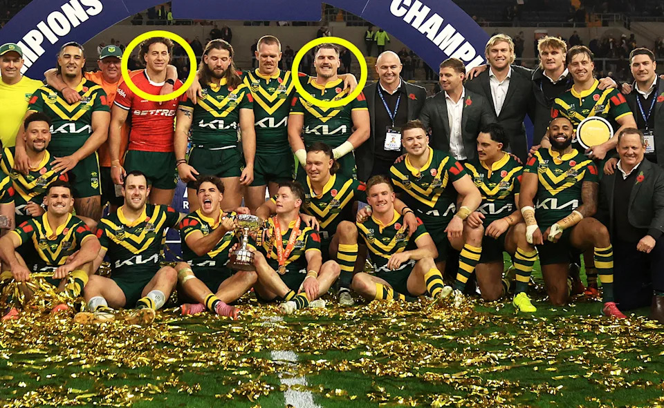 Mark Nawaqanitawase and Angus Crichton with Kangaroos teammates after winning the Ashes 3-0.