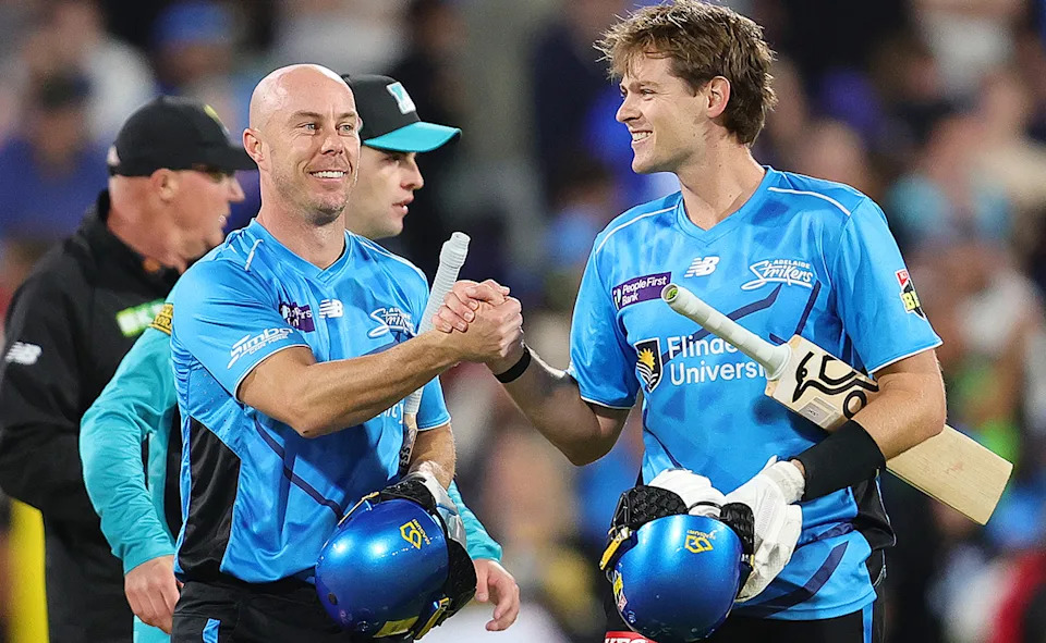 Chris Lynn and Liam Scott, pictured here celebrating after the Adelaide Strikers' win over the Brisbane Heat.