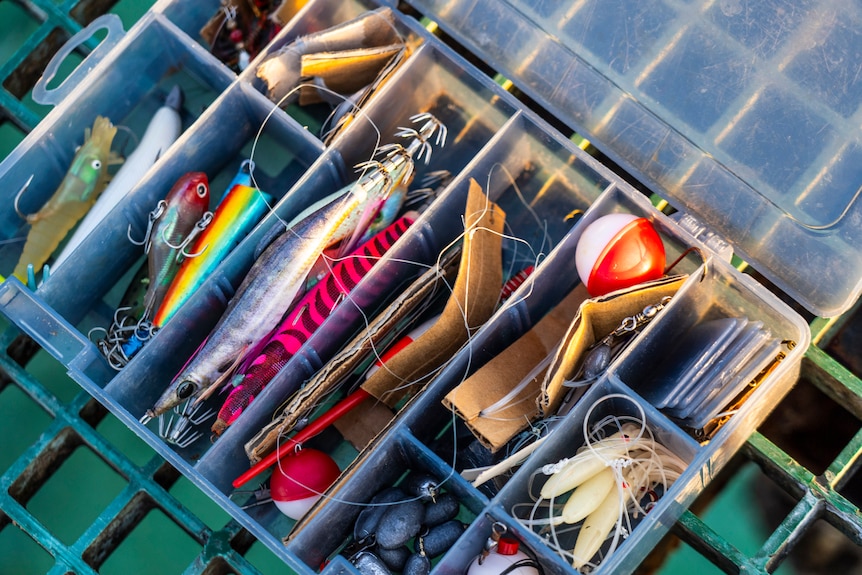 Colourful lures site in a tackle box.