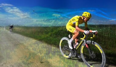 Tadej Pogačar on the attack with a digital overlay