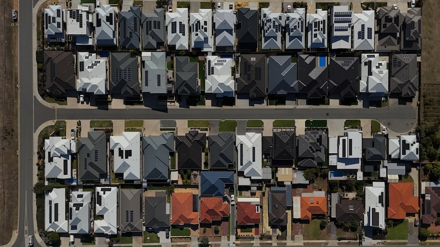 Drone view of a suburb with lots of solar on the houses' roofs. 
