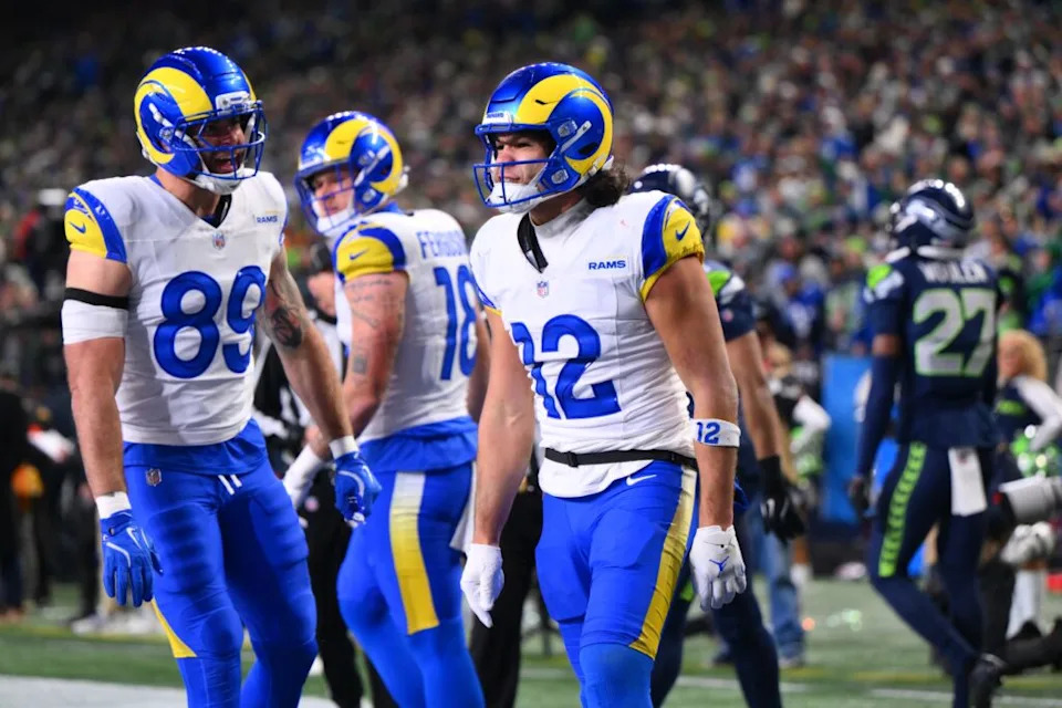Jan 25, 2026; Seattle, WA, USA; Los Angeles Rams wide receiver Puka Nacua (12) celebrates after scoring a touchdown against the Seattle Seahawks during the second half in the 2026 NFC Championship Game at Lumen Field. Mandatory Credit: Steven Bisig-Imagn Images