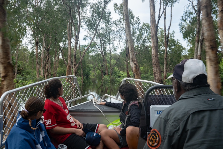 People on a small boat looking ahead, over a flooded forest.