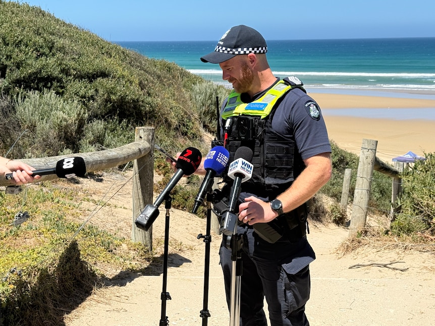 A photo of a police officer wearing a light fluorescent green vest standing at the beach, wearing a navy cap