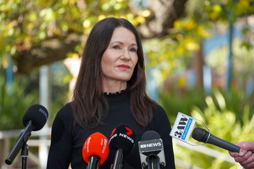 Cath Evans, who has brown hair falling past her shoulders, speaks to media outside.