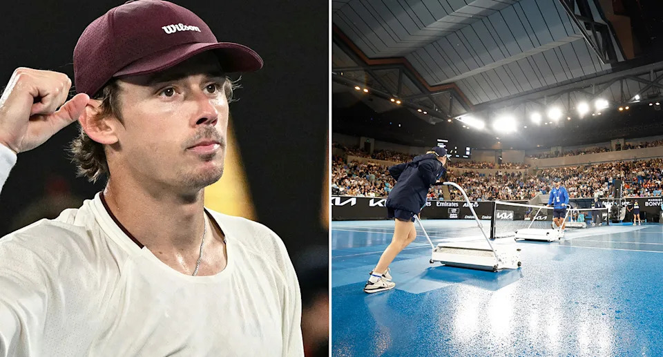 Pictured left is Alex de Minaur and Australian Open ground staff on right mopping the Centre Court.