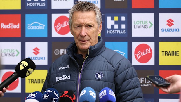 MELBOURNE, AUSTRALIA - SEPTEMBER 25: Craig Bellamy head coach of the Storm speaks to the media during a Melbourne Storm NRL captain's run at AAMI Park on September 25, 2025 in Melbourne, Australia. (Photo by Robert Cianflone/Getty Images)