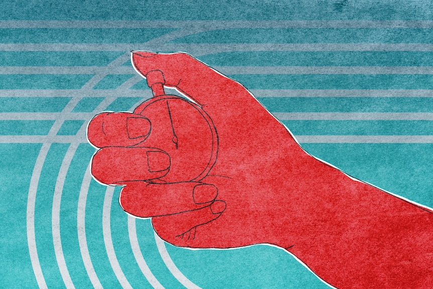 A graphic of a red cartoonish hand holding a stopwatch, on a blue background with white stripes