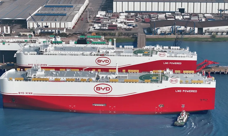 BYD XI'AN car carrier in the water at a port.