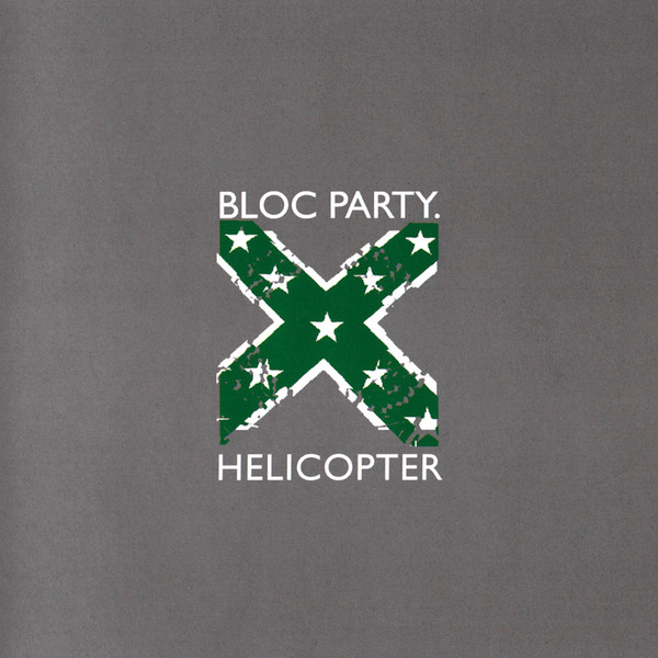 A scratched out green-crossed flag with stars on a dark grey backdrop. text reads: Bloc Party. Helicopter