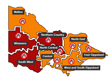 A map of Victoria showing the Wimmera, Northern Country, North Central and South West regions with catastrophic bushfire risk.