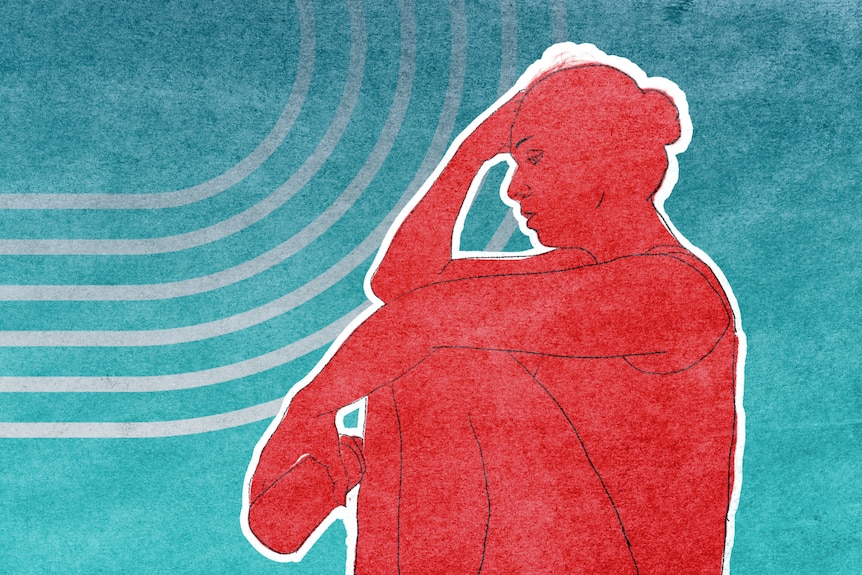 A stylised animated image of a person sitting down with hand on head looking distressed