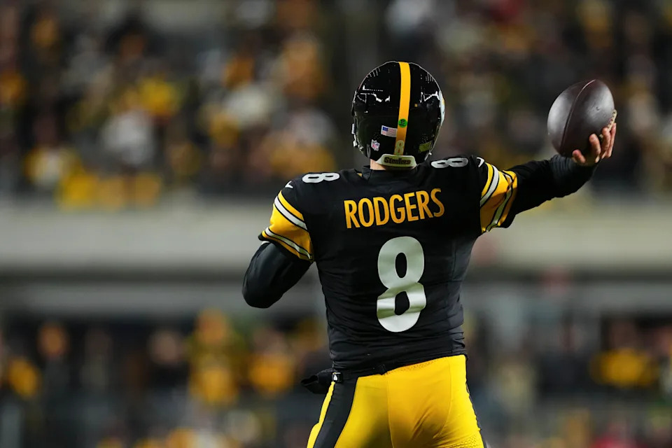 PITTSBURGH, PA - JANUARY 12: Aaron Rodgers #8 of the Pittsburgh Steelers drops back to pass against the Houston Texans during the second half of an AFC Wild Card Playoff game at Acrisure Stadium on January 12, 2026 in Pittsburgh, Pennsylvania. (Photo by Cooper Neill/Getty Images)