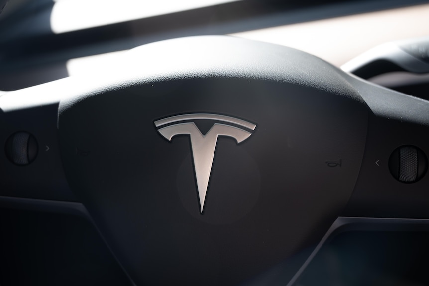 The logo for Tesla Motors on the steering wheel of a vehicle