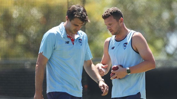 SYDNEY, AUSTRALIA - NOVEMBER 25: Pat Cummins and Josh Hazlewood bowl during a practice session at Cricket Central on November 25, 2025 in Sydney, Australia. (Photo by Mark Metcalfe/Getty Images)