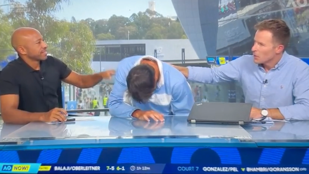 Luciano Darderi cramps up during a live TV interview.