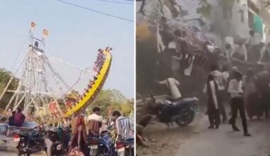 ‘No one was checking anything’: Terrifying moment packed ride collapses at fair and injures 14 school children