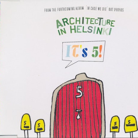 Colorful illustration with a red door marked “5” and yellow signs displaying the number 5.