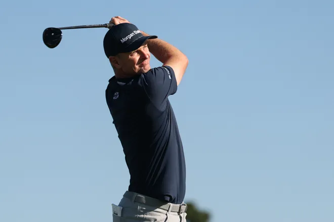 Justin Rose of England plays his shot from the second tee during the second round of the Farmers Insurance Open 2026 at Torrey Pines South Course on January 30, 2026 in La Jolla, California.