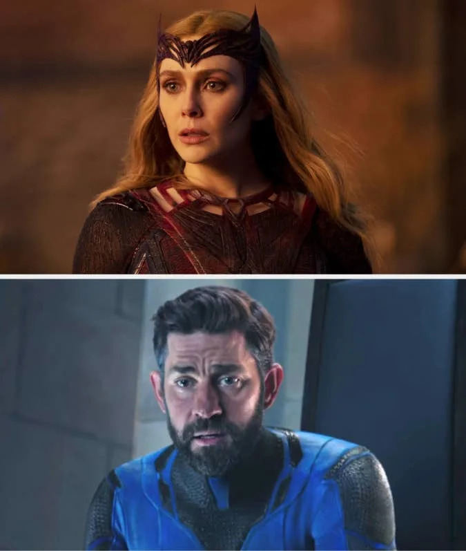 Two actors in fantasy costumes: one in a dramatic crown and gown, the other in a blue sci-fi suit, both looking serious