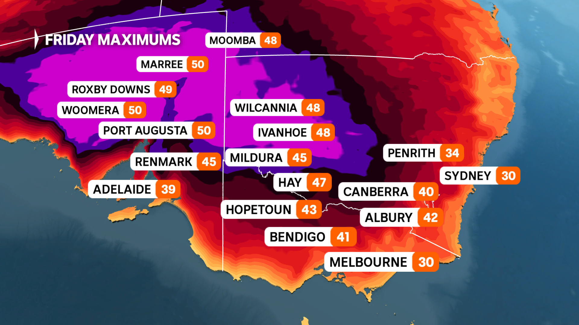 a weather map of souther aujstralia shows fifty degree temperatures