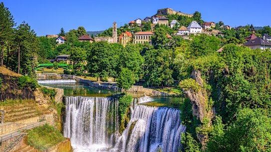 Pliva Waterfall in the historic fortified town of Jajce.
