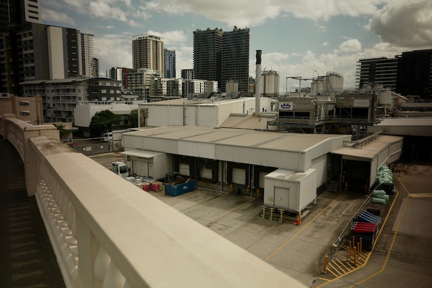 Looking down from the bridge to the factory.