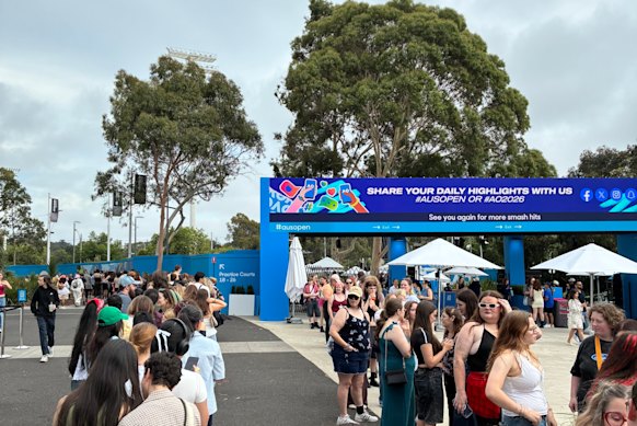 Fans queuing for the Renee Rapp merchandise store ahead of her performance at the Australian Open.