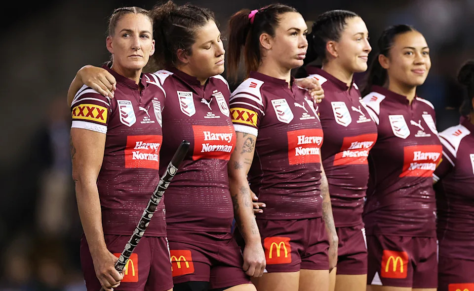Ali Brigginshaw, pictured here with Queensland teammates during women's State of Origin in 2025.