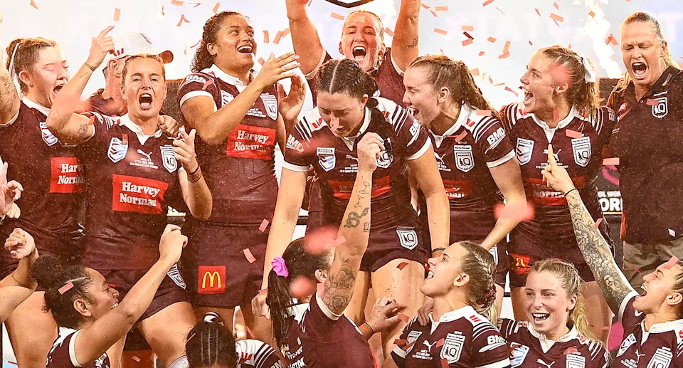 Maroons captain Ali Brigginshaw with Queensland teammates after winning the 2024 series.
