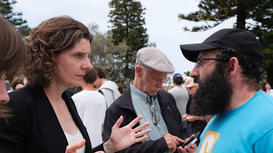 Member for Wentworth, Allegra Spender, during a visit to Bondi Beach following December’s mass shooting. 