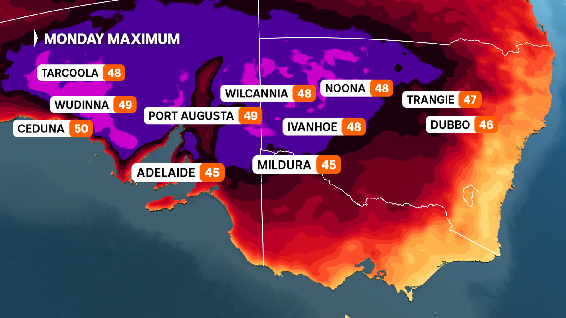 weather map shows temperatures climbe to high 40s across much of southern australia