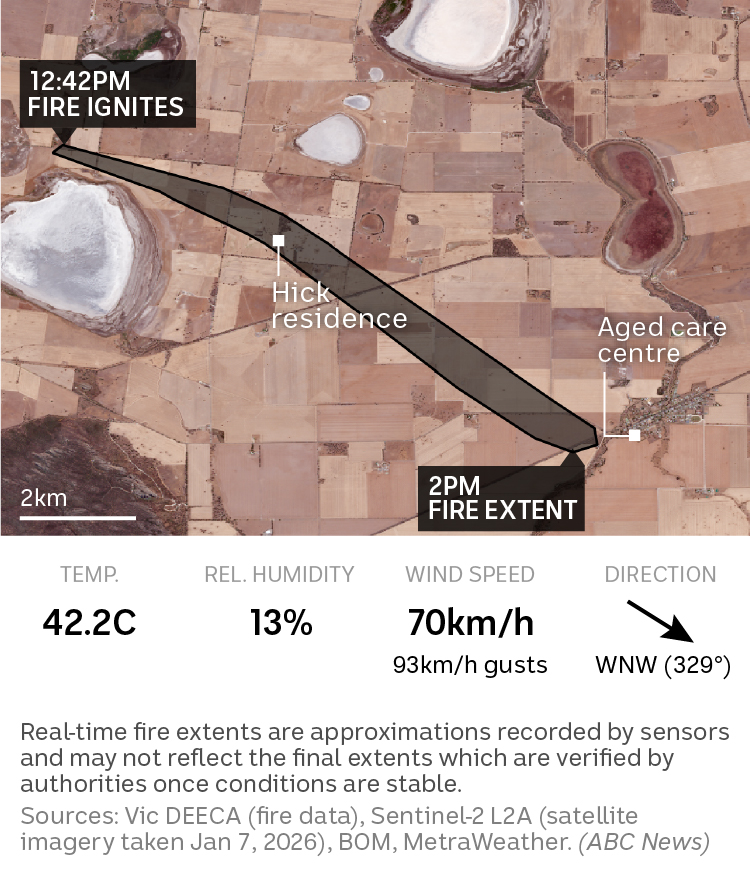 Satellite view map shows how the fire spread quickly from Grass Flat towards Natimuk, levelling Jo Hick’s home in the process.