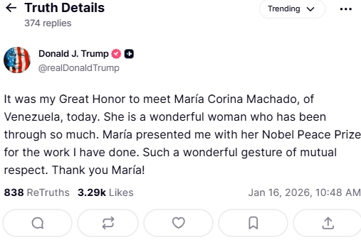 Donald Trump posts on Truth Social saying it was an honour to María Machado, who presented her Nobel Prize to him.