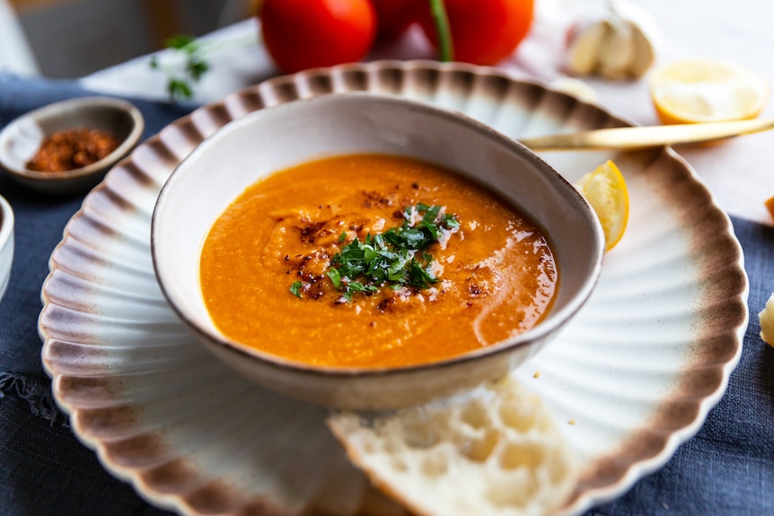 Bowl of spiced lentil and tomato soup