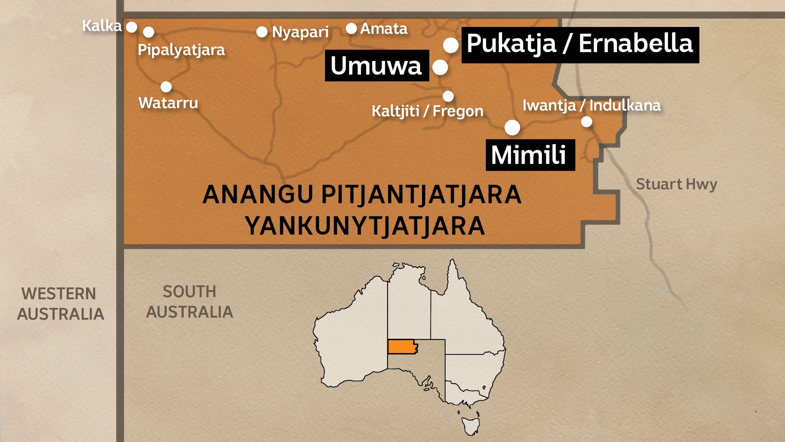 A map showing the top left corner of South Australia with 10 dots and place names.