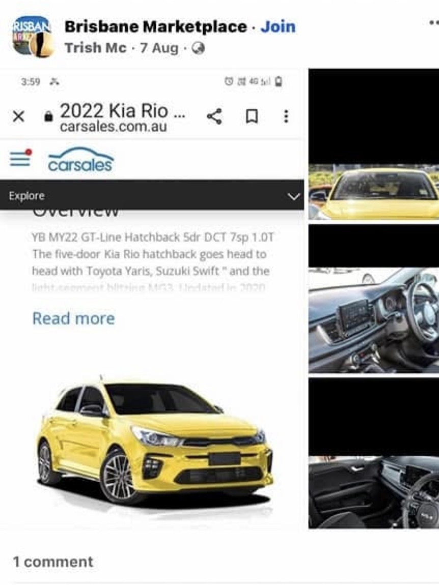 A screenshot of a fake car advertisement, pretending to be selling a yellow 2022 Kia Rio.