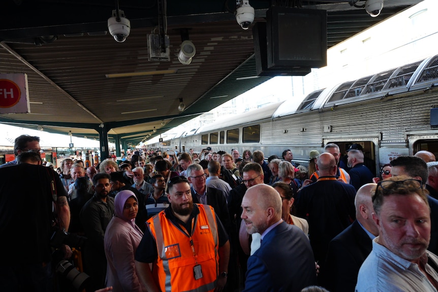 A v-set train arrives to Sydney's Central Station to thousands waiting to see its final journey