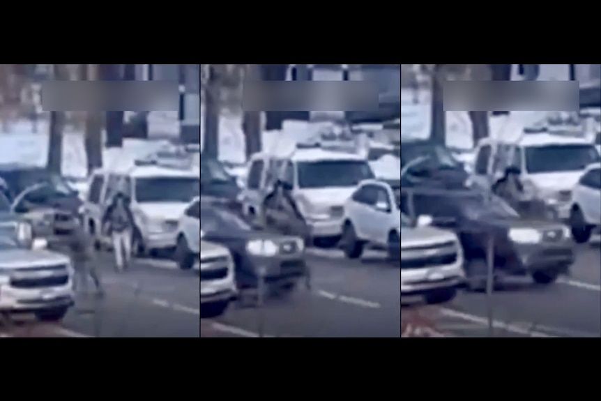 Three scenes from a low quality video showing what appears to be a person in front of a car