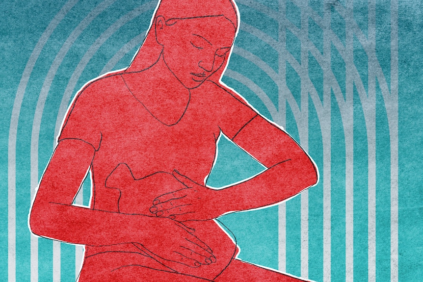 A stylised animated image of a woman holding a hot water bottle over her stomach