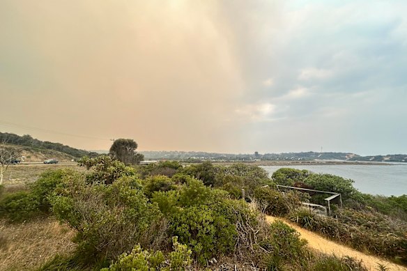 Smoke from the Otways fire over Aireys Inlet on Saturday.