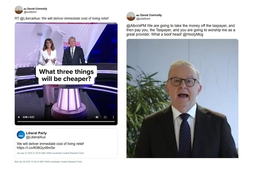 Screenshots of old tweets slamming Prime Minister Anthony Albanese and showing support for the Liberal Party.