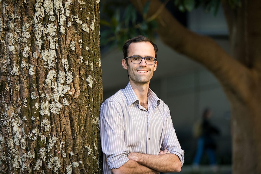 A man with a striped shirt leaning against a tree, with black rimmed glasses on