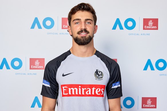 Josh Daicos pictured last month getting in the mood for tennis.